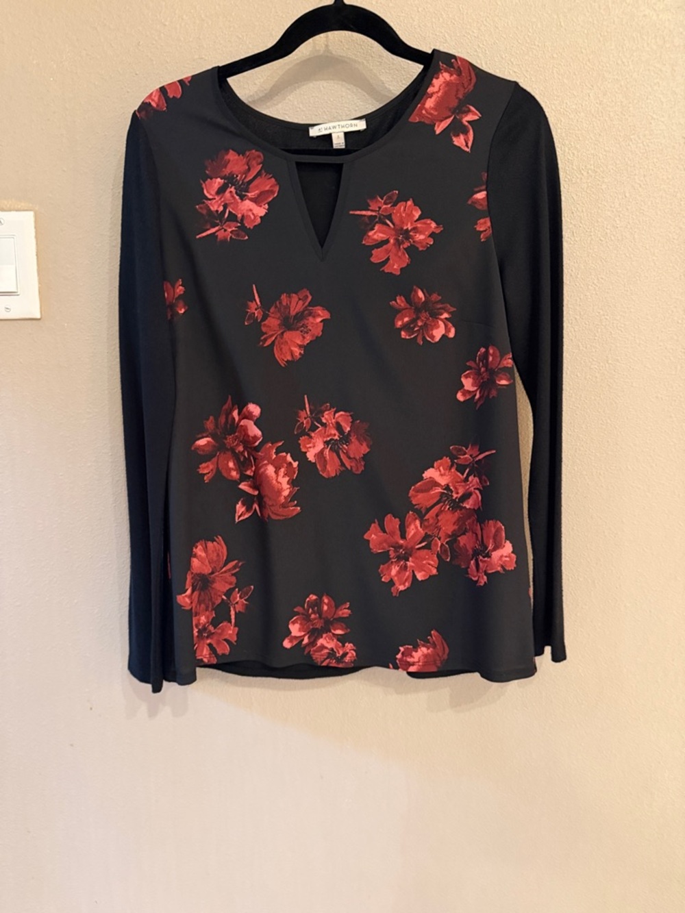 41 Hawthorn Black Long Sleeve Top with Red Floral Print and V-Keyhole Detail